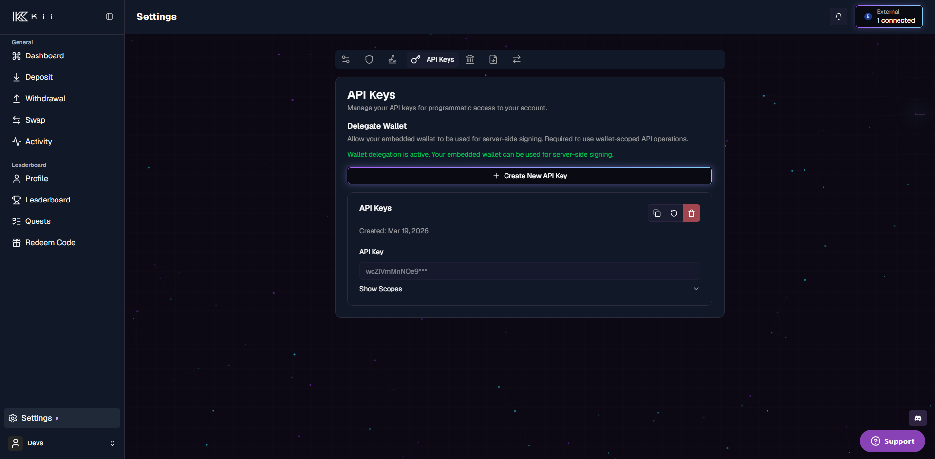 Settings → API Keys page