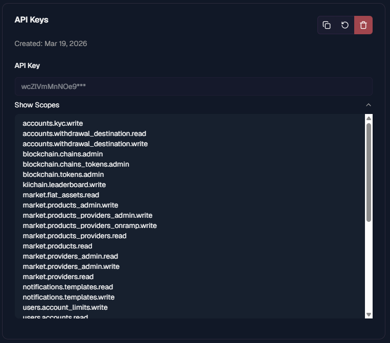 API key card with scopes expanded