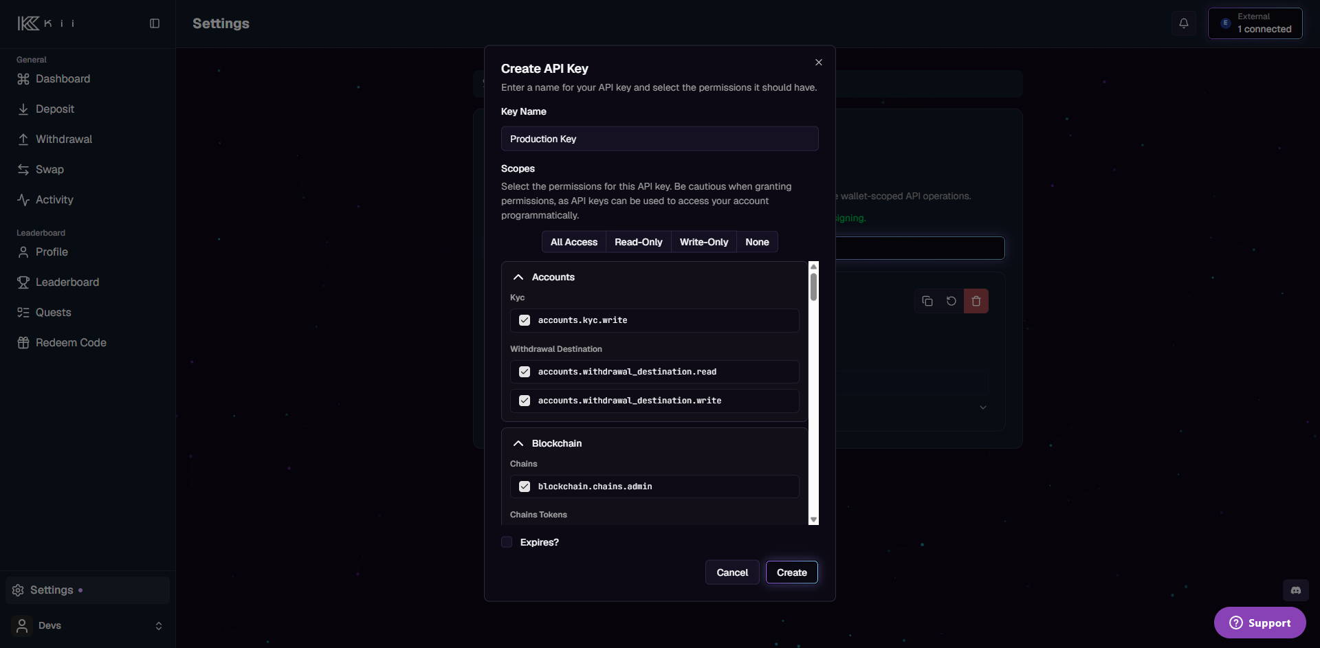 Create API Key dialog