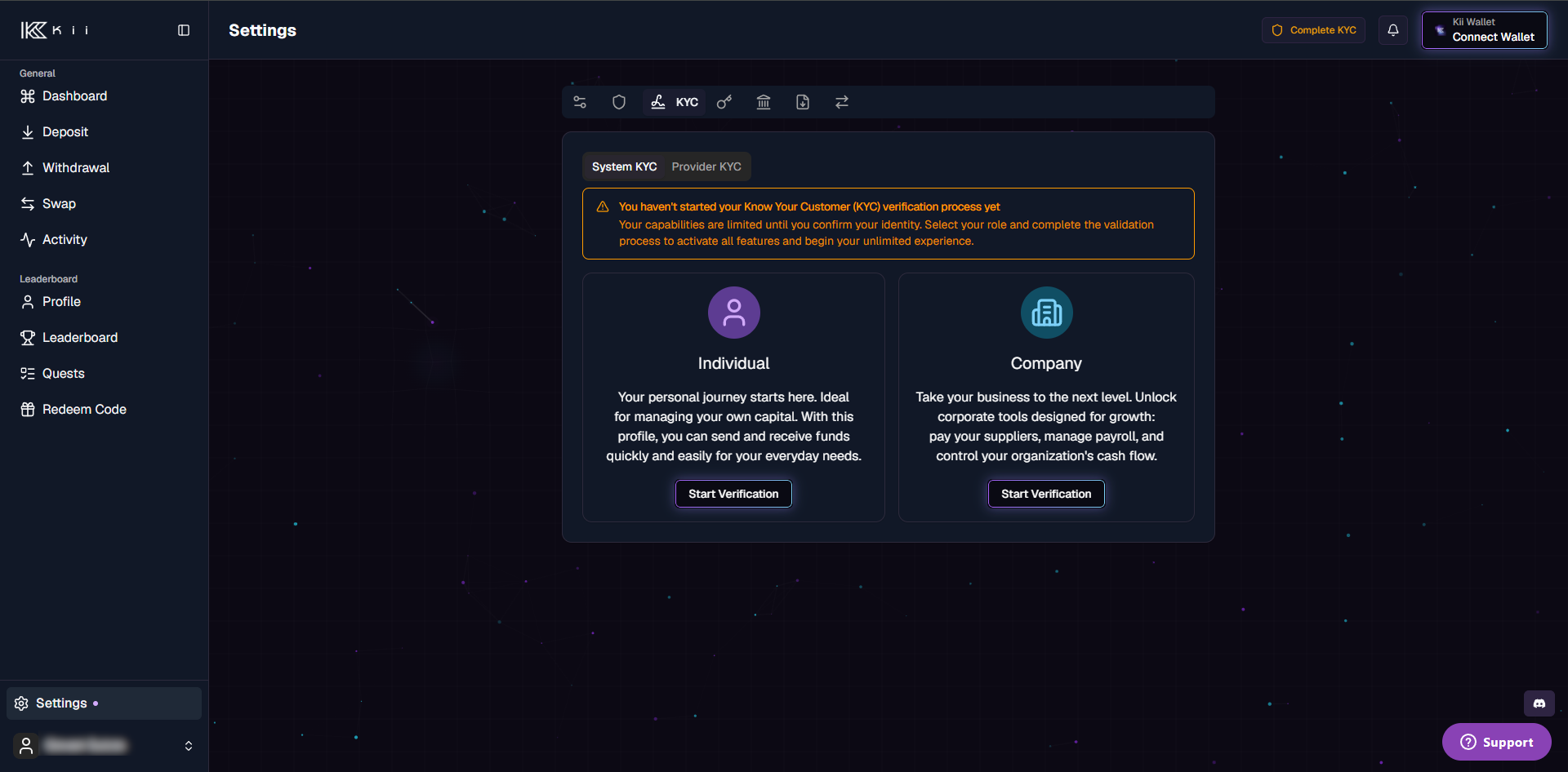 Settings → KYC page, unverified